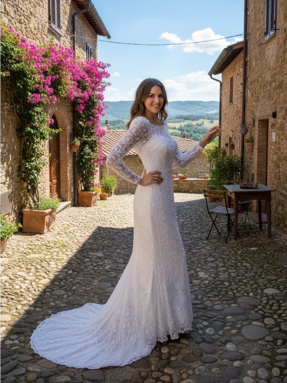 Oleg Cassini Embroidered and Beaded Wedding Dress Gown long sleeves train size 8